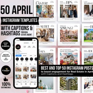 April Real Estate Instagram Posts with captions & hashtags Templates April Instagram Posts April Instagram Posts Real Estate Marketing Canva