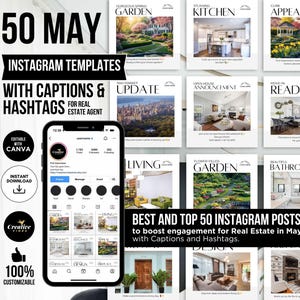 Real Estate May Instagram Posts with Captions and Hashtags Spring Real Estate Instagram Post Real Estate Marketing Social Media Posts Canva
