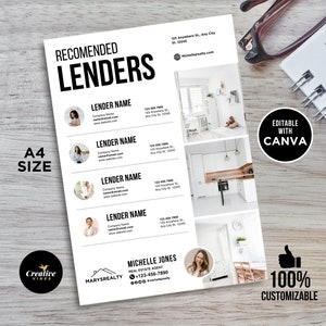 Flyer empfohlene Kreditgeber, Liste der empfohlenen Anbieter, Kreditgeber, empfohlene Kreditgeber für Makler, Realtor Canva Vorlage, modernes Branding, Canva