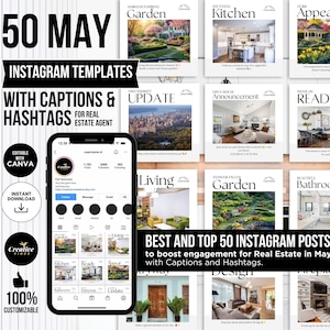 May Instagram Posts with Captions and Hashtags Real Estate Spring Real Estate Instagram Posts Real Estate Marketing Social Media Posts Canva