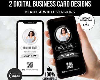 Könnte beinhalten: Zwei digitale Visitenkarten-Designs in Schwarzweiß. Die Karten zeigen ein Foto einer Person, ihren Namen "Michelle Jones", ihre Berufsbezeichnung "Position Here", eine Telefonnummer "012.345.678", einen QR-Code und einen Social-Media-Handle "@emichelle.primerealty". Der Text "100% anpassbar" wird unter den Karten angezeigt.