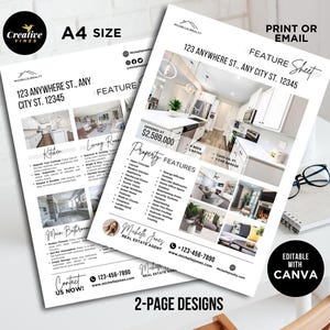 Real Estate Home Feature Sheet, Flyer Template, Real Estate Marketing, Realtor Listing Flyer, Open House Flyer, For Sale, Canva Template