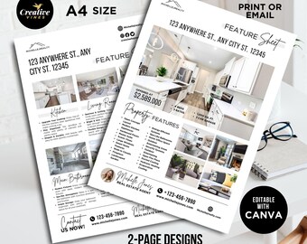 Real Estate Home Feature Sheet, Flyer Template, Real Estate Marketing, Realtor Listing Flyer, Open House Flyer, For Sale, Canva Template