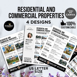 May include: A promotional flyer for residential and commercial properties. The design features four layouts with property photos, pricing, and contact information. The flyer is US Letter size and 100% customizable.