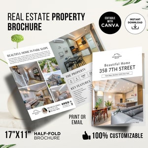 Brochure di proprietà di lusso per aziende, modello di 4 pagine, elegante layout modificabile con piega a metà, brochure personalizzabile, modello Canva modificabile