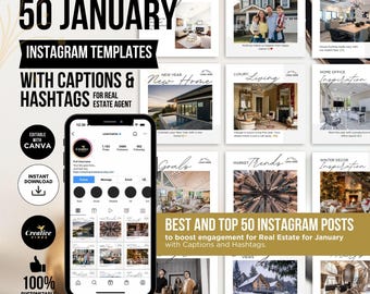 Op de afbeelding: Een collage van 50 Instagram-posttemplates voor makelaars. De templates bevatten verschillende afbeeldingen van huizen, interieurs en vastgoedgerelateerde thema's. De tekst "50 JANUARY INSTAGRAM TEMPLATES WITH CAPTIONS & HASHTAGS FOR REAL ESTATE AGENT" wordt bovenaan de collage weergegeven. De tekst "BEST AND TOP 50 INSTAGRAM POSTS to boost engagement for Real Estate for January with Captions and Hashtags." wordt onderaan de collage weergegeven.