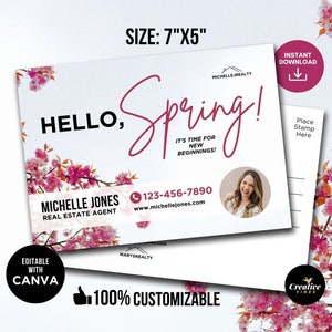 Grundbesitz Hallo Frühling Postkarte Vorlage April Grundverkauf Gutes Geschenk Frühlingspostkarte Druckbare Postkarten für Realtors Canva Vorlage