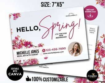 Real Estate Spring Postcard Template, April Real Estate Marketing, Hello Spring Postcard, Printable Postcards for Realtors, Canva Template