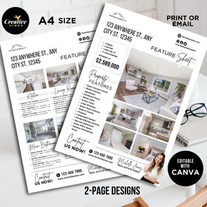 Real Estate Home Feature Sheet, Flyer Template, Real Estate Marketing, For Sale Flyer, Open House Flyer, Real Estate Listing Flyer, Canva