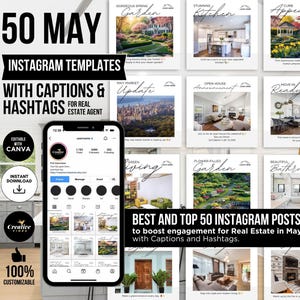 Real Estate May Social Media Posts with caption and hashtag Spring Real Estate Instagram Post Real Estate Marketing Social Media Posts Canva