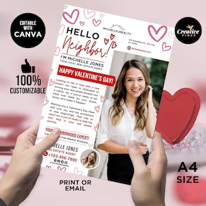 Folleto del día de San Valentín para el sector inmobiliario, carta de presentación de bienvenida al vecino para el sector inmobiliario, marketing inmobiliario de Canva para el día de San Valentín de febrero