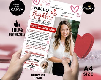 Real Estate Valentines Day Flyer, Introduction Realtor Hello Neighbor Letter, Realtor Farming Canva Valentine February Real Estate Marketing