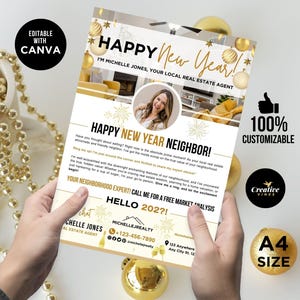 Volantino immobiliare di Capodanno, volantino immobiliare Hello 2026, lettera di benvenuto al vicino, volantino di benvenuto al vicino, marketing immobiliare invernale Canva