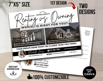Rent vs Own Postcard Rent Vs Buy Postcard, Renting Vs Buying Rent Vs Buy Postcard, Rent Vs Own Real Estate Marketing, Real Estate Postcard