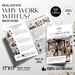 May include: A real estate brochure with a black and white design. The brochure is folded in half and features a photo of a family in front of a house. The text on the brochure reads "Why Work With Us?" and "Unlock Your Dream Home".