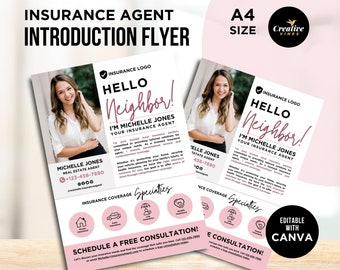 May include: A pink and white flyer with a photo of a woman smiling. The flyer is for an insurance agent and says "Hello Neighbor! I'm Michelle Jones, Your Insurance Agent". The flyer also includes a list of insurance coverages and specialties.