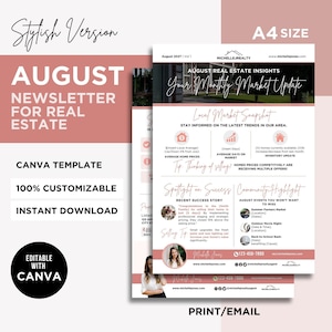 May include: A4 size real estate newsletter template with a pink and white design. The template includes sections for market insights, recent success stories, and community highlights. Text includes "August Newsletter for Real Estate" and "Editable with Canva."