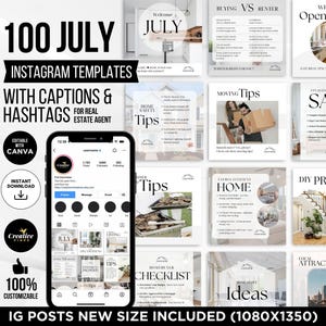 Real Estate July Instagram Posts with hashtags & captions, July Real Estate Marketing Template, July Social Media Posts, 4th Of July, Canva