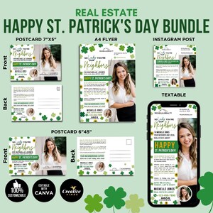 St Patricks Day Real Estate Bundle Lucky St Patricks Day March Real Estate Marketing Bundle, Postcard, Flyer, Instagram Post, Textable Canva