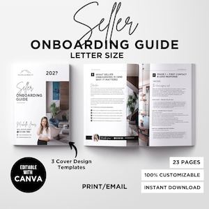 May include: A letter-size seller onboarding guide with a white cover featuring the text "Seller Onboarding Guide" and a photo of a woman. The guide includes 23 pages and is editable with Canva. The guide is available for print or email and is 100% customizable.