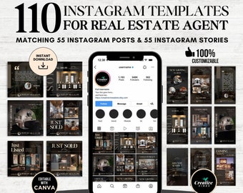 Puede incluir: Una colección de 110 plantillas de Instagram para agentes inmobiliarios, con una mezcla de diseños en negro y dorado con imágenes de casas. Las plantillas son personalizables e incluyen publicaciones e historias. El texto "100% personalizable" es visible en la esquina superior derecha de la imagen.