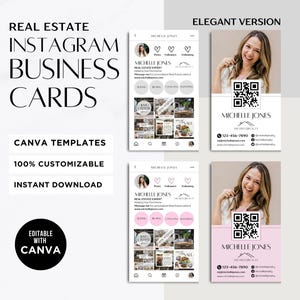 May include: Two Instagram business card templates for a real estate agent. The templates feature a pink and white color scheme with a photo of the agent, contact information, and a QR code. The text on the card reads "Michelle Jones, Real Estate Expert".