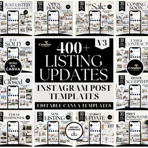 Puede incluir: Un collage de 10 plantillas de publicaciones de Instagram para agentes inmobiliarios. Las plantillas son editables en Canva y presentan una variedad de temas relacionados con los bienes raíces, que incluyen "Recién listado", "Casa abierta", "En venta", "Próximamente", "Recién vendido", "Bajo contrato", "Recién cerrado", "Testimonio del cliente", "Nueva lista" y "Actualización del mercado". Las plantillas están diseñadas en un estilo moderno y minimalista con texto e imágenes en blanco y negro.