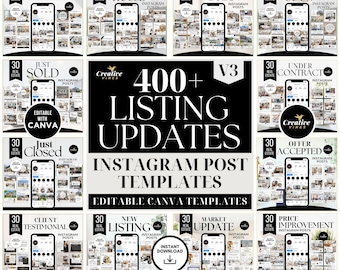 May include: A collage of 10 Instagram post templates for real estate agents. The templates are editable in Canva and feature a variety of real estate related topics, including "Just Listed", "Open House", "For Sale", "Coming Soon", "Just Sold", "Under Contract", "Just Closed", "Client Testimonial", "New Listing", and "Market Update". The templates are designed in a modern, minimalist style with black and white text and images.