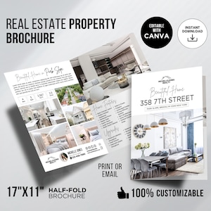 Brochure immobiliare di lusso, brochure immobiliare, brochure pieghevole a metà, marketing immobiliare, volantino di quotazione, volantino di open house modificabile su Canva
