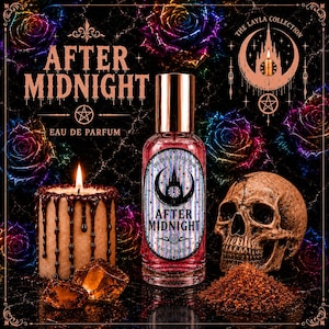 May include: A clear glass bottle of After Midnight eau de parfum with a metallic cap and a holographic label featuring a clock tower and pentagram. The bottle is surrounded by a lit candle with dripping wax, a human skull, and amber crystals.
