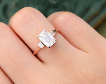 Emerald cut Lab grown diamond ring Vintage Rose gold diamond engagement ring Three stone ring baguette cut diamond ring Bridal Promise ring