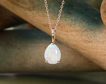 Natural Opal necklace Rose gold Pear shaped necklace women Teardrop Opal Solitaire Necklace anniversary bridal pendant New Year gift