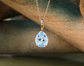Pear Aquamarine necklace Rose gold necklace women Teardrop March Birthstone Solitaire Necklace anniversary bridal pendant Mother gift