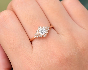 Floral design Lab grown diamond ring Dainty 10k/14k/18k rose gold diamond engagement ring Halo ring nature inspired ring bridal wedding ring