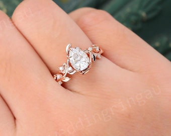 Pear shaped Lab grown diamond engagement ring unique rose gold lab diamond ring Leaf branch ring Nature inspired ring Promise ring gift