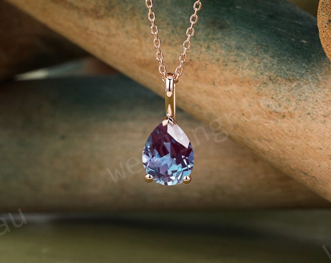 Featured listing image: Pear shaped Alexandrite necklace Rose gold June birthstone necklace women Solitaire Necklace anniversary bridal pendant Valentine gift