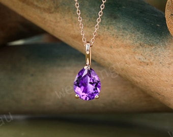 Purple Amethyst necklace Rose gold Pear shaped necklace women Teardrop Crystal Solitaire Necklace anniversary bridal pendant Mother gift