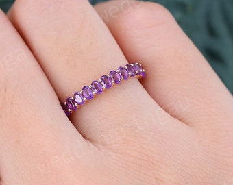 Oval cut Amethyst wedding band Unique rose gold wedding ring half eternity Art deco stacking matching band promise Anniversary ring