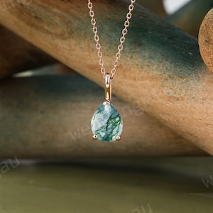 Pear shaped Moss agate necklace Rose gold Teardrop Moss agate pendant women Solitaire Necklace anniversary bridal pendant Valentine gift