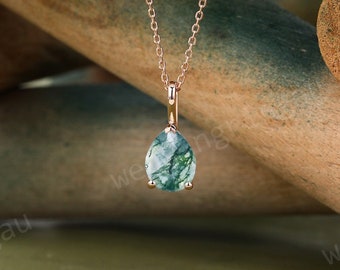 Pear shaped Moss agate necklace Rose gold Teardrop Moss agate pendant women Solitaire Necklace anniversary bridal pendant Valentine gift