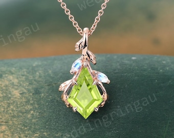 August Birthstone Necklace Kite Peridot Rose Gold Leaf Pendant Necklace Vintage Unique Marquise Cut Moonstone Anniversary Pendant Gift