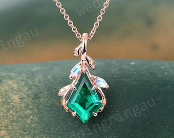 Kite Cut Emerald Pendant Necklace Rose Gold May Birthstone Moonstone Leaf Necklace Nature Inspired Green Gemstone Jewelry for Her