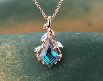 Kite cut Alexandrite Moonstone necklace Rose gold vintage unique Leaf pendant women June birthstone Necklace anniversary pendant