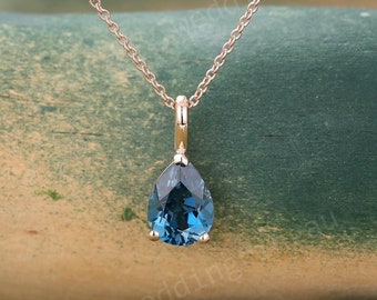 Pear shaped London blue topaz necklace Rose gold December birthstone necklace women Teardrop Necklace Anniversary Minimalist pendant gift