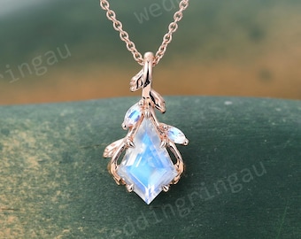 Kite shaped Moonstone necklace Rose gold vintage unique Leaf pendant women June Birthstone Necklace anniversary pendant Gift for her