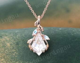 Kite cut Moissanite Necklace Rose gold Vintage Unique Leaf Moonstone Pendant Women Necklace anniversary pendant Nature Jewelry Gift
