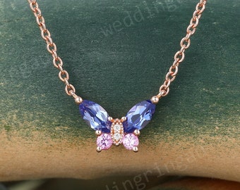 Butterfly Blue sapphire necklace Unique Rose gold pink sapphire pendant Women Necklace Moissanite Pendant Necklace Anniversary gift