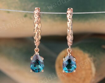 Pear shaped Alexandrite Earrings Unique Teardrop Earrings Women Drop Earrings Rose Gold Hoop Earrings June birthstone jewelry gift for her