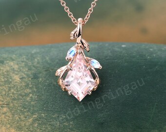 Kite cut Pink Morganite necklace Rose gold vintage unique Leaf pendant women marquise cut moonstone Necklace anniversary pendant Gift