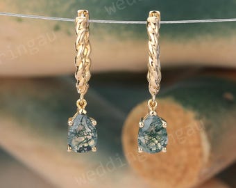 Pear shaped Moss agate Drop Hoop Earrings Unique Teardrop Earrings Women Earrings Yellow Gold Twisted Earrings Anniversary gift for her